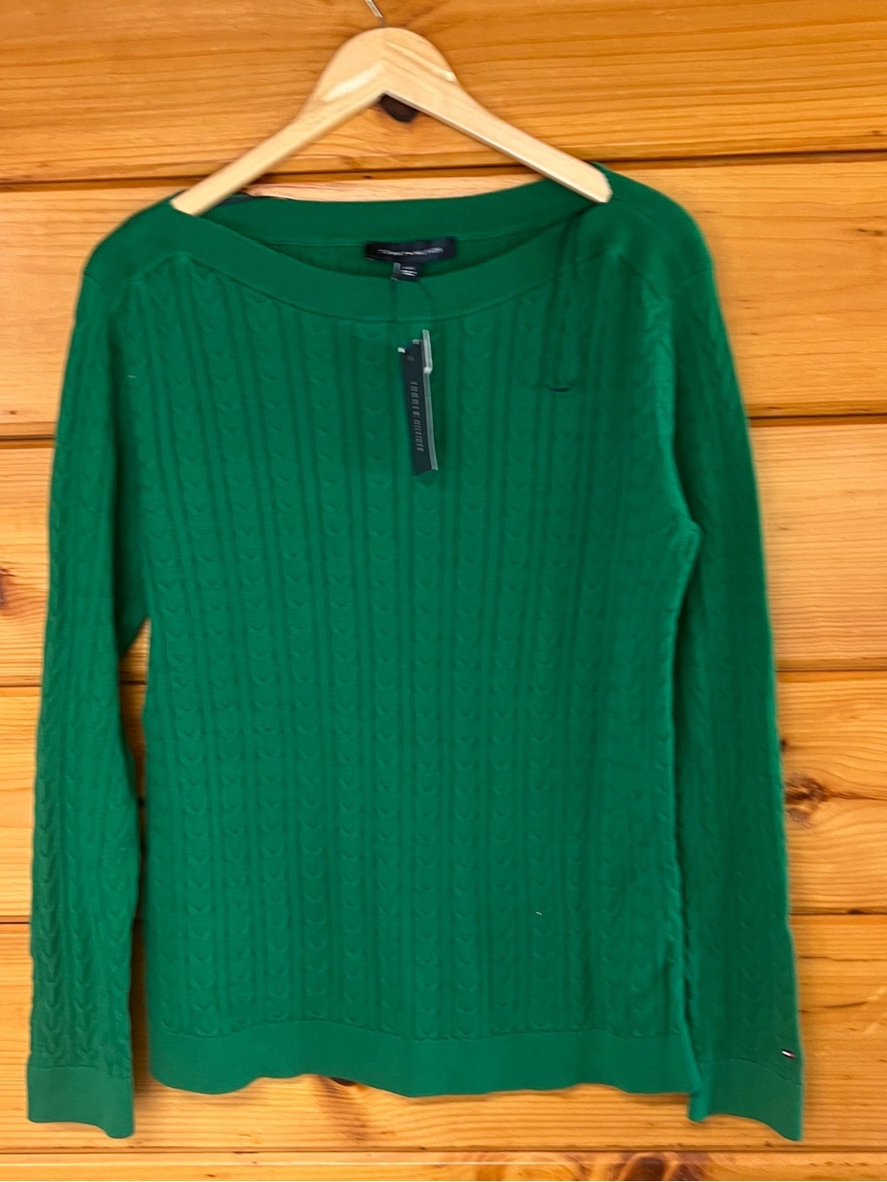 NWT Tommy Hilfiger Preppy Green Cable Knit Boat Neck Academia Sweater L